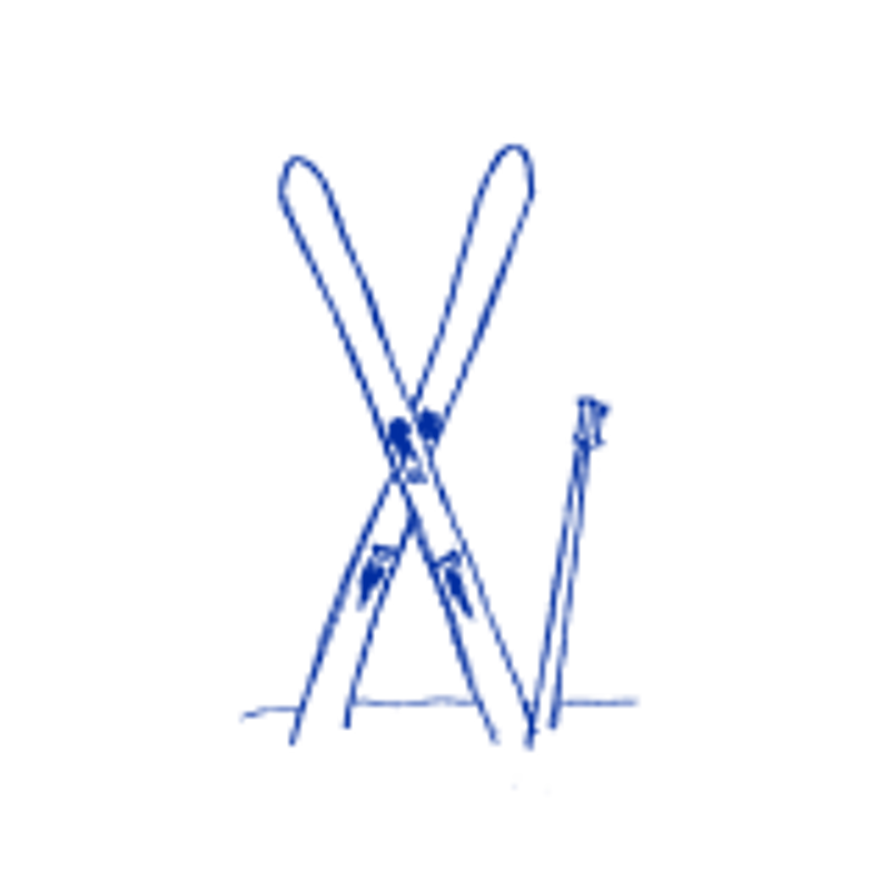 The image shows a stylized, possibly hand-drawn, representation of a pair of skis crossed in an 'X' shape, with a single ski pole standing vertically to the right. The skis and pole are depicted in blue against a solid black background. The style is simple and somewhat abstract, giving the impression of a logo or icon.